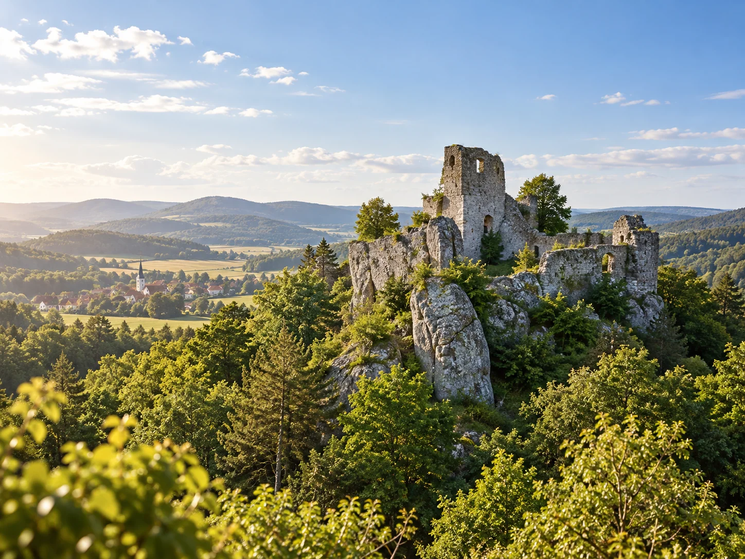 Hügellandschaft mit Burgruine im Oberpfälzer Wald