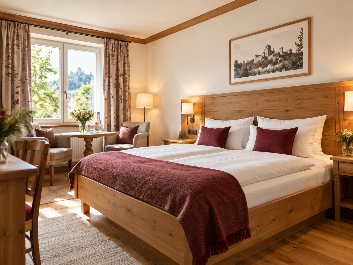 Doppelzimmer mit Sitzecke und Blick auf die Burgruine