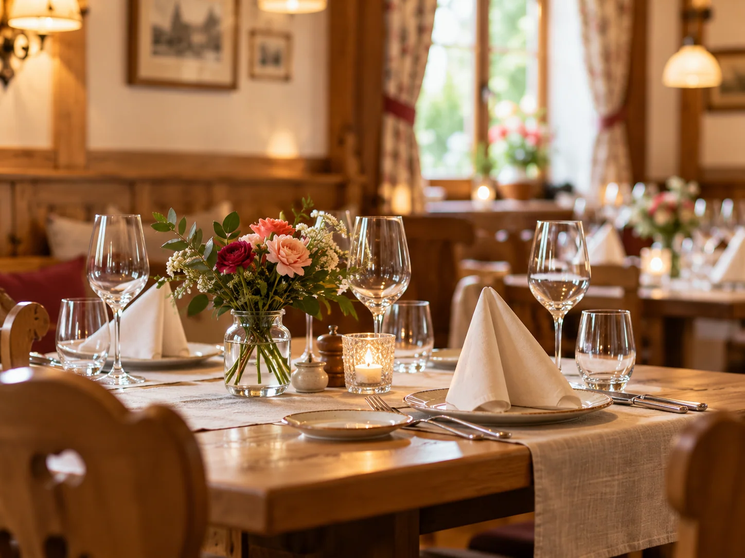 Gedeckter Tisch mit Blumen und Gläsern