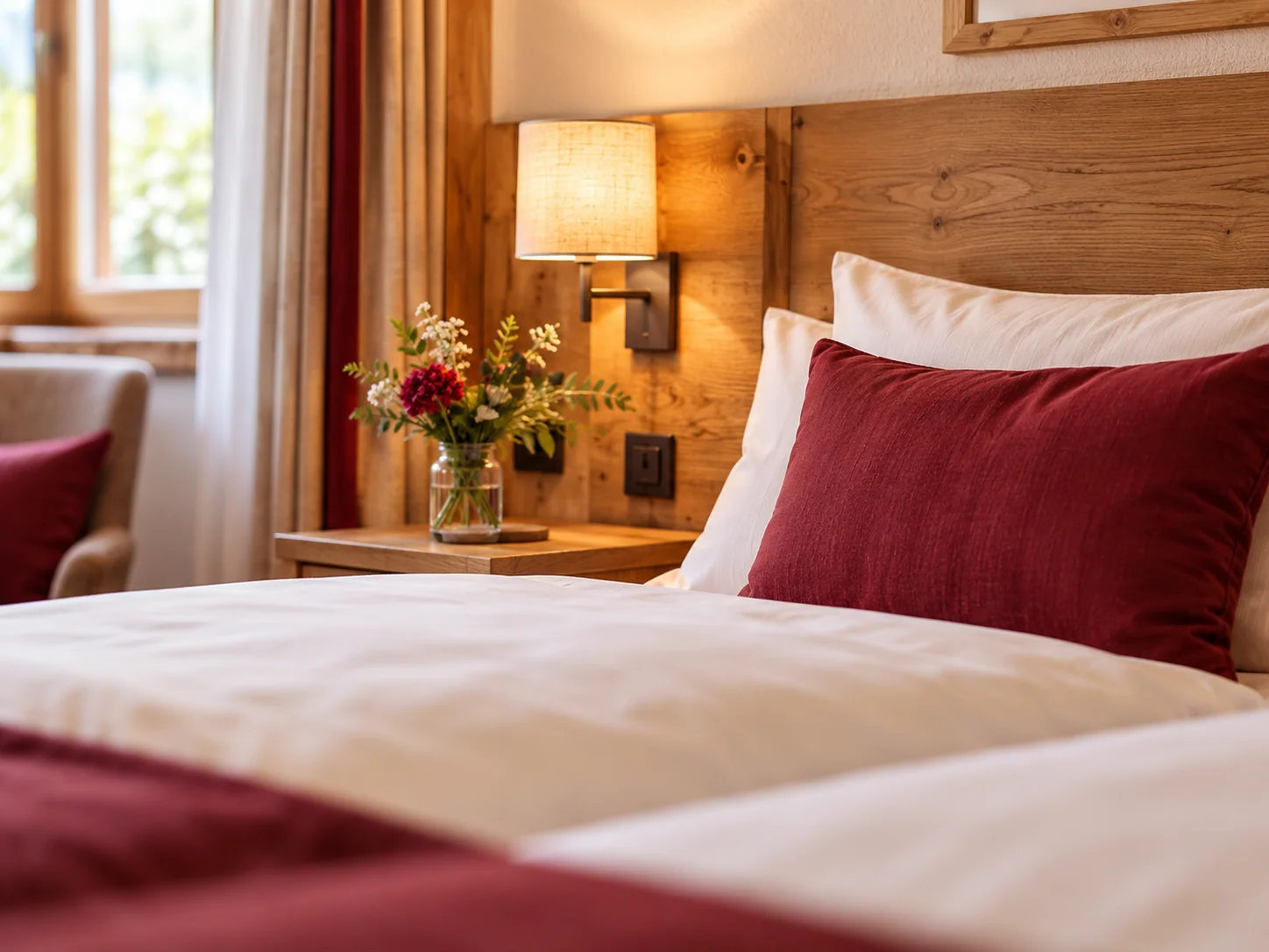 Gästezimmer mit Holzbett und Leselampe