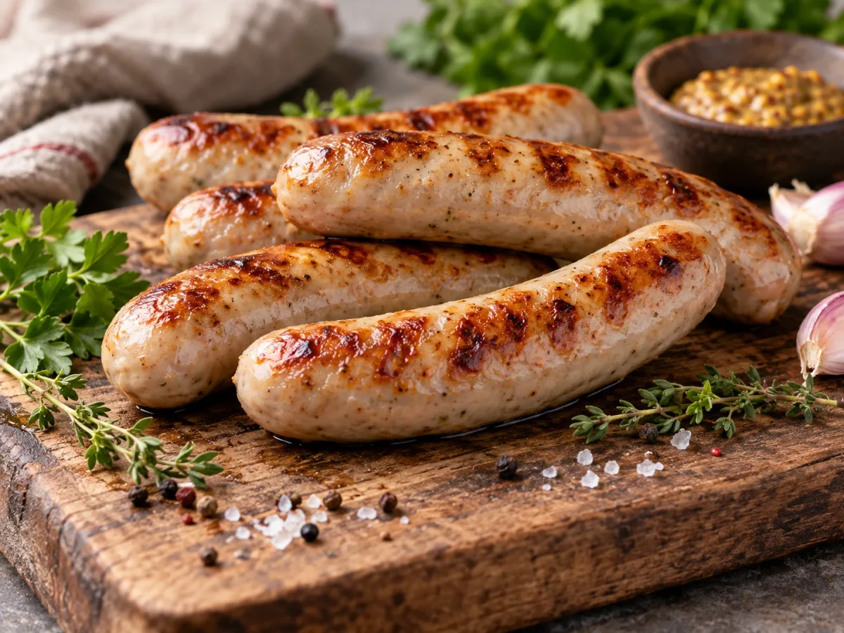 Gebratene Kalbsbratwürste mit Senf