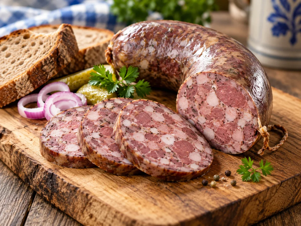 Hausmacher Brotzeitwurst in Scheiben mit Brot und Zwiebeln