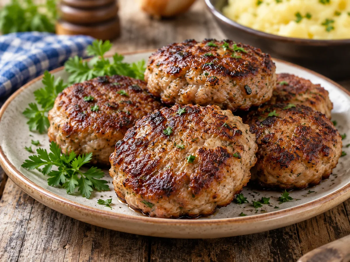 Frisch gebratene Fleischpflanzerl mit Kartoffelsalat