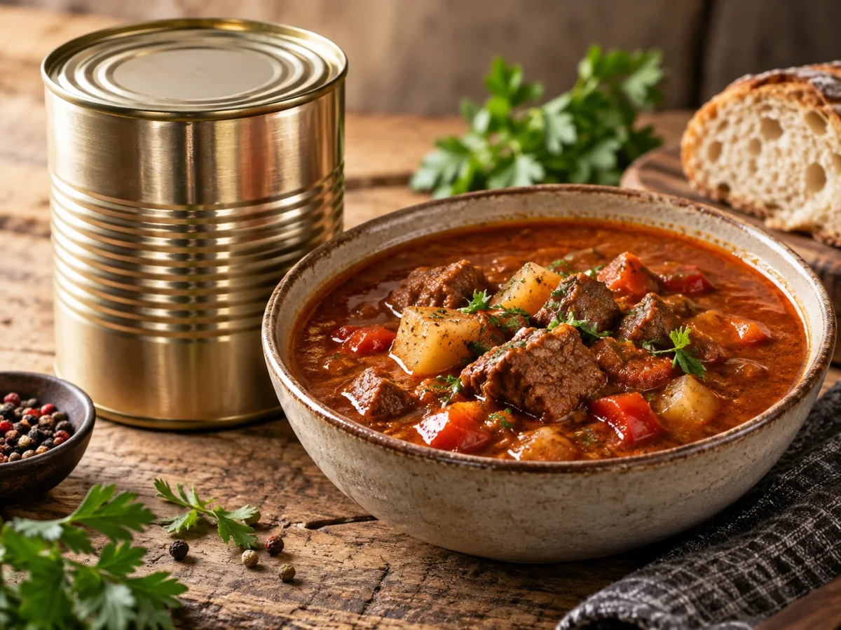 Gulaschsuppe in der Schale neben der Dose
