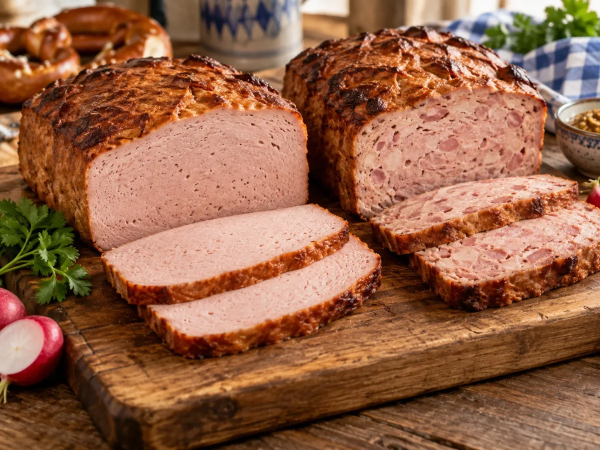 Leberkäse aus dem Holzofen, grob und fein, angeschnitten auf dem Holzbrett