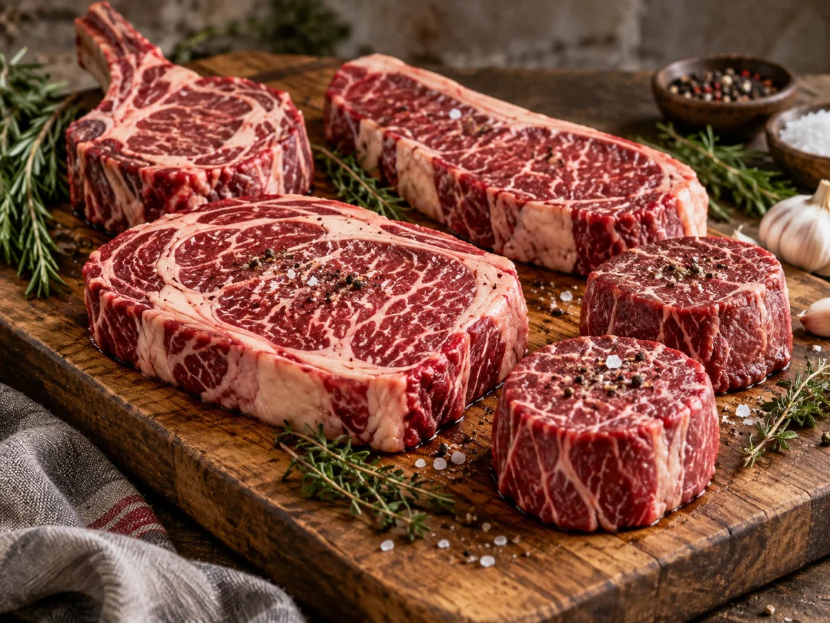 Verschiedene Steaks vom Rind auf dem Holzbrett